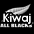 Black background with white text and silver ferns; text reads 'Kiwaj', 'IS a', 'ALL BLACKS', 'All Black', 'ALL BLACKS'