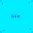 A static image with a bright cyan background featuring repeated purple text 'life' and scattered dark blue dots, with a solid gray rectangle in the bottom-right corner.