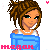 Pixel art contact sheet of a female character with brown dreadlocks wearing a white top and blue wrap, displayed across six frames showing subtle pose changes.