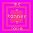 Four identical pixel-art display 'me + tanner = love' text with alternating pink and purple square borders on a solid purple background