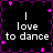 Pixelated text 'I love to dance' repeated in four quadrants on a black background with purple and pink decorative elements.