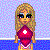 Pixelated avatar of a blonde woman in a red dress with a white cross, standing against a blue and purple background with red and blue text overlays.