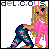 Pixel art of a blonde woman in pink pajamas holding a star-patterned garment, with 'delicious' text above.