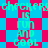Pixelated cyan text on a red and blue checkered background with repeated patterns.