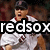 Pixelated image of a person in white baseball uniform with dark cap, mouth open mid-expression, overlaid by bold black-and-white text reading 'redsox'.