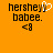 Orange background with black pixelated text 'hershey babe.' and '<3' below, featuring a white heart symbol replacing the letter 'y' in 'hershey' on the left side.