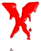 Red X-shaped icon with dripping liquid effect, animated across showing varying droplet positions