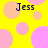 Yellow background with pink and orange circles, four instances of the text "Jess" in dark blue pixelated font.