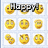 yellow smiley faces with changing text overlays, displaying 'Happy', 'Angels', and 'World' in pixelated font across frames
