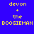 Pixelated text displays 'devon + the BOOGIEMAN' in yellow on blue background with pink rectangular overlays shifting between top and bottom positions.