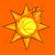 A gray cat-like creature with green leaf crown and yellow eyes appears against orange background with yellow suns.