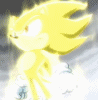 Animated yellow anthropomorphic hedgehog with spiky hair, white gloves, and red shoes, standing against a cloudy background with subtle motion effects.