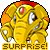 identical pixel-art elephant icons with orange circular backgrounds, each displaying the word SURPRISE! in yellow text below