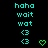 Pixelated cyan text and symbols on black background, with one green heart symbol replacing a cyan heart symbol in the rightmost frame.