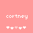 Pixelated text 'cortney' above a of five heart symbols on a solid pink background, with one heart symbol changing color between two states