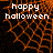 Pixelated orange web pattern with white text reading 'happy halloween' on a black background, displayed in four sections