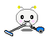 Pixelated character with white round head, black eyes, pink cheeks, and blue wheels on a gray background.