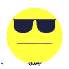 Yellow circular face with dark sunglasses and a straight mouth, transitioning through where the mouth opens to reveal red tongue-like shapes in various positions