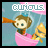 Pixelated character in pink hot air balloon basket holding telescope, with 'curious' text above; animation cycles through color variations of the character's eyes and background elements.