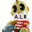 Animated cartoon character with large black eyes and a red-and-white striped shirt displays changing text overlays.