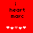Red background with black text 'i heart marc' and five white/pink pixelated hearts below, where the third heart is pink in one frame and white in another.