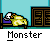 Animated contact sheet showing 22 frames of a pixel art monster character in various poses on a bed with cabinets, each frame labeled "Monster" below it.