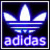 Pixelated Adidas logo with blue and white colors, featuring the trefoil symbol above lowercase 'adidas' text on a black background.
