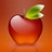 Pixelated red apple icon with green leaf on orange gradient background, static single-frame image.
