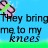 Pixelated icon with blue background, green grass strip, and dark blue text reading "They bring me to my knees" alongside a blurred figure.