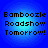 Four identical pixelated blue circular icons with black text reading "Bamboozle Roadshow Tomorrow!" arranged in a