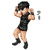 Pixelated character in black outfit with sunglasses and cap, performing dynamic pose with fists raised against gray background.