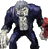 Pixelated figure in dark blue suit with silver chest emblem, holding red and white objects against gray background.