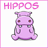 A 6-frame contact sheet of a pixelated purple hippo mascot animation with pink text elements, displayed on white backgrounds in the first five frames and gray background in frame six.