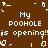 Brown background with white pixelated text reading "My POOHOLE is opening!!" repeated in two , surrounded by scattered white pixel shapes