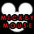 Pixelated Mickey Mouse head silhouette with text "M-I-C-K-E-Y M-O-U-S-E" in red, yellow, green, cyan, and purple across two on black background