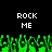 Pixelated green crowd with raised hands beneath repeated 'ROCK ME' text on black background.
