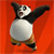 Pixelated panda with black and white fur, brown legs, and a red background, arms raised in a dynamic pose.