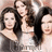 Four women with long dark hair in a group pose on a light background, with text overlays on colored