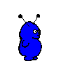 Blue pixelated character with two antennae in multiple poses against gray background.