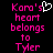 Pixelated text in bright pink on black background with a white heart symbol replacing the apostrophe in Kora's.