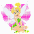 Pixelated fairy with blonde hair in a bun, green heart-shaped top, pink wings, and green shoes, seated with arms crossed.