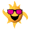 Pixelated sun icon with pink sunglasses and black mouth, yellow rays in three of four on gray background