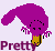 Pixelated purple cartoon character with yellow base and black eyes, displayed across three frames showing text variations on a light background.