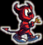 Red devil character with horns, tail, and blue shoes holding a golden object on black background.