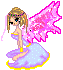 Pixelated fairy avatar with blonde hair, pink wings, and blue polka-dot dress on purple cloud base.