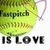 A pixelated green tennis ball with a purple string loop, featuring partial text 'Fastpitch' and 'IS LOVE' in bold black letters.