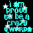 Cyan text on black background with white stars, repeating 'i am proud to be a crazy qwert' in pixelated font across two