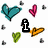 Pixelated icon with teal, pink, green hearts and small gray dots on white background; text changes from 'i' to 'love' to 'etc'.