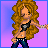 Pixelated character with long curly brown hair in a black top and blue jeans stands against a purple gradient background, with text displaying 'embody in da club gettin TIPSY' in white and blue