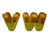 Golden 3D 'VW' letters rotate through multiple angles against a gray background, displaying varying reflections and perspective shifts.